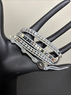 Chan Luu 925 Leather Gray Beaded Wrap Bracelet - Neutral Pearl Stone Accent